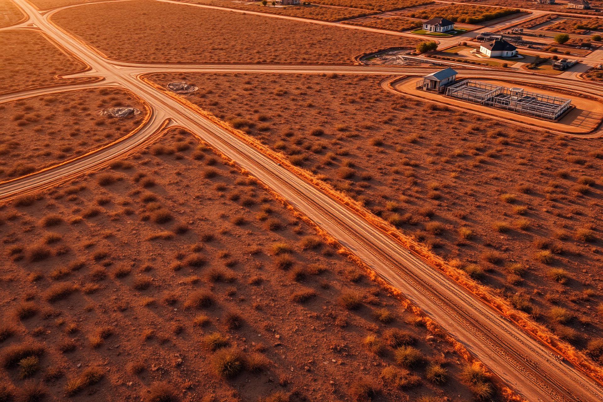 Aerial view of raw Texas development land at golden hour with dirt roads and survey infrastructure